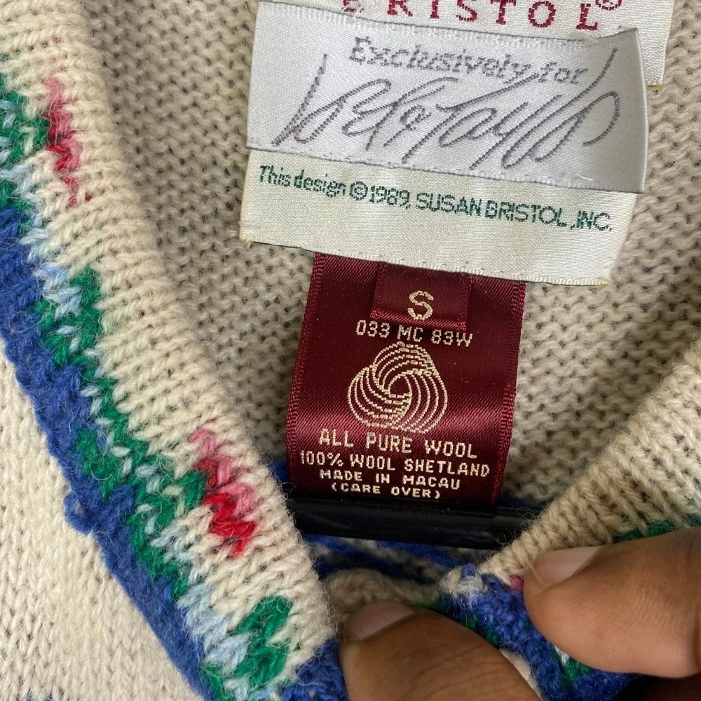 Susan Bristol Vintage 1989 Shetland Wool Sweater Vest Blue Winter Intarsia Small